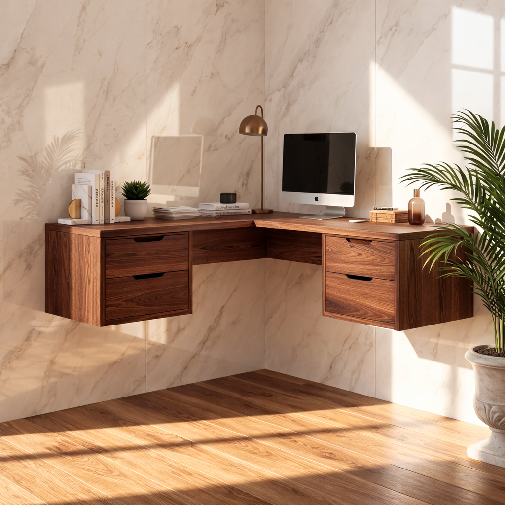 Floating Corner Desk with Drawers – Walnut Wall-Mounted Workspace