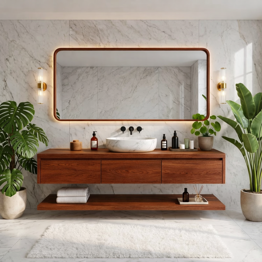 Modern Floating Vanity with Shelves, Oak Bathroom Storage Unit, Wall-Mounted Cabinet
