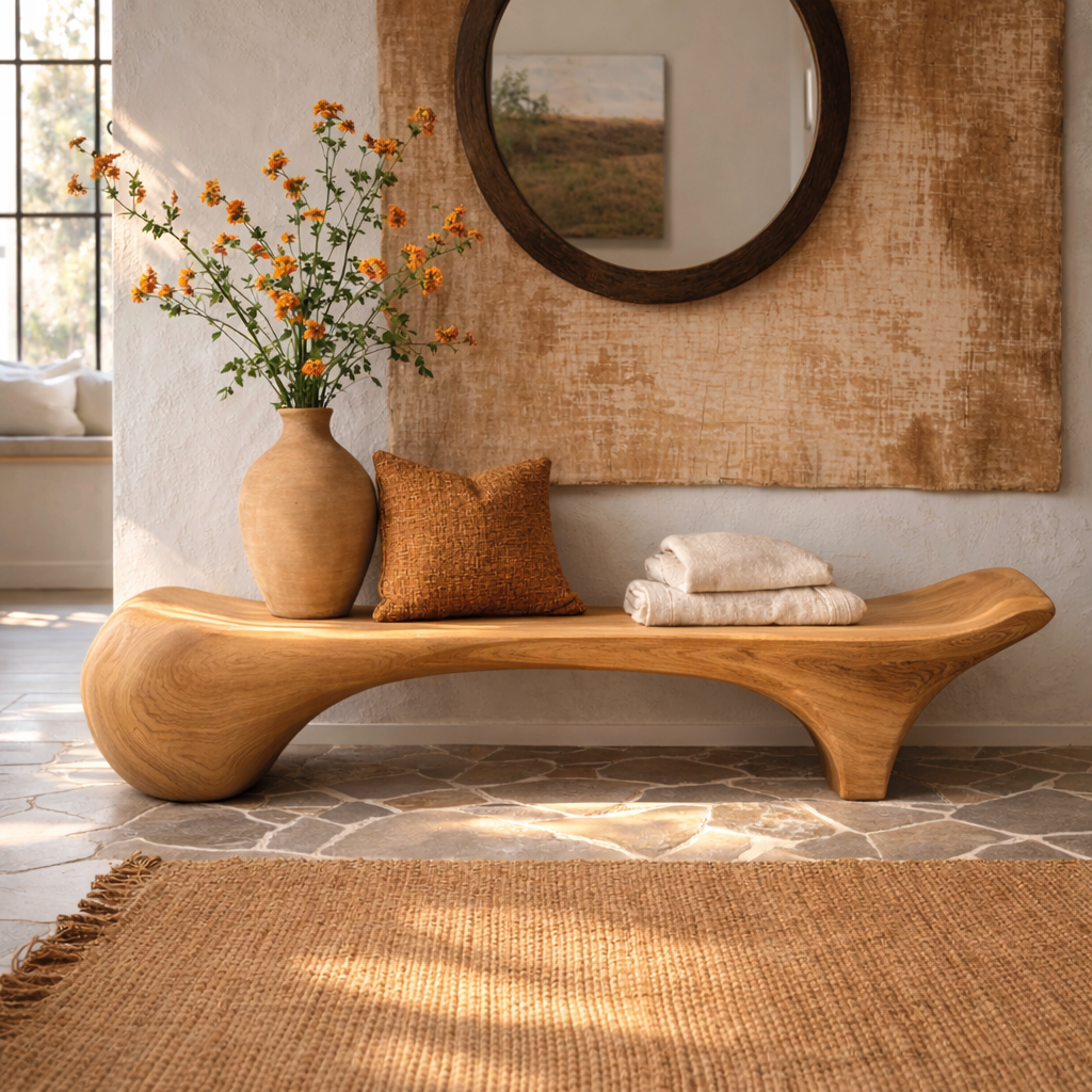 Sculptural Solid Wood Bench, Organic Modern Entryway Statement Seat