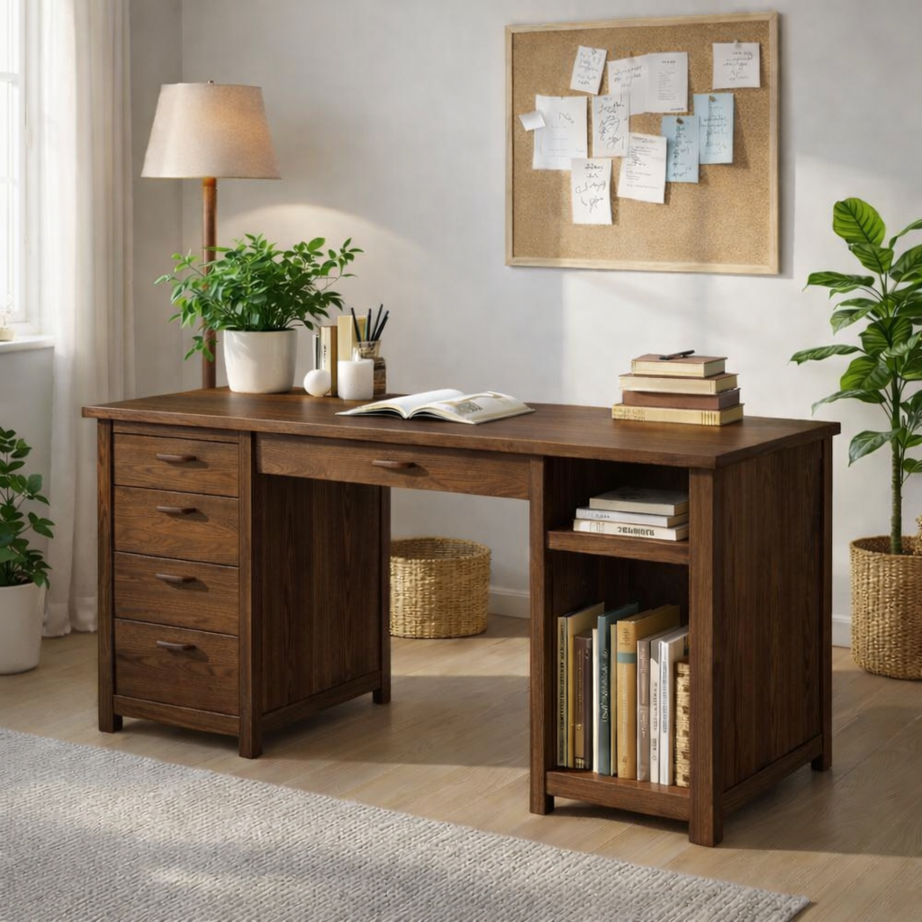 Solid Oak Handmade Work Desk with Drawers and Open Storage Shelves