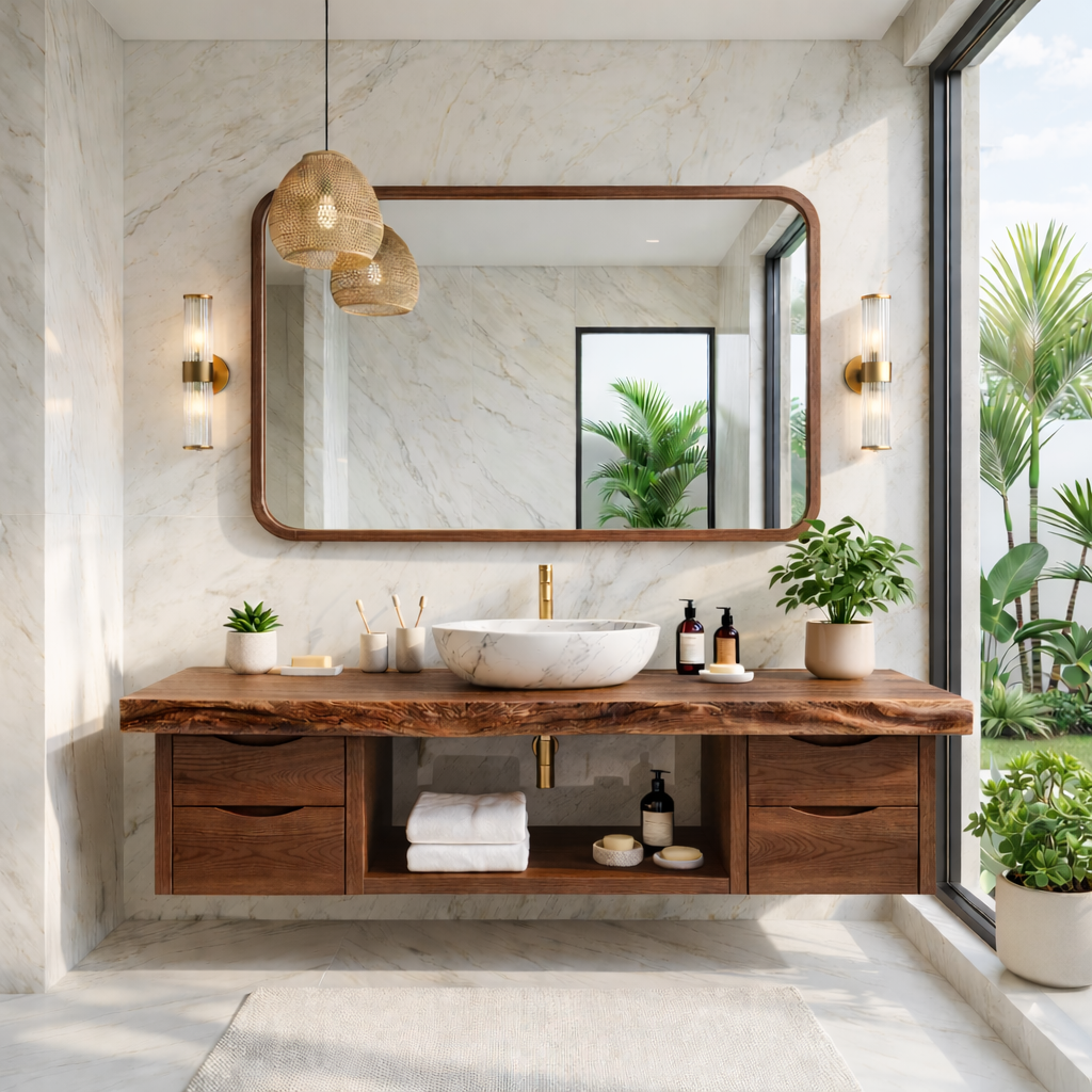 Floating Bathroom Vanity with Natural Wood, Modern Design, and Spacious Storage