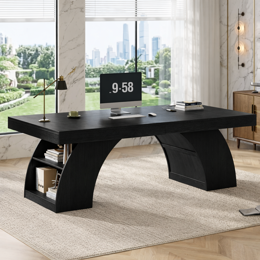 Modern Executive Desk with Sculptural Base, Storage Shelves, Designer Workspace Office Table