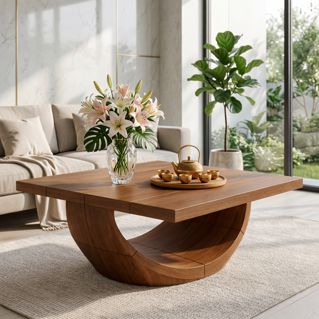 Unique Curved Wooden Coffee Table, Modern Minimalist Living Room Furniture