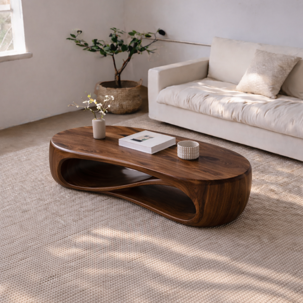 Solid Wood Sculptural Coffee Table with Curved Storage Shelf – Modern Living Room Table