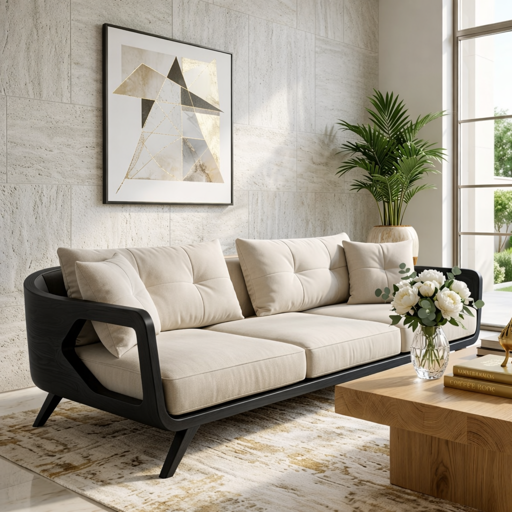 Modern Curved Solid Wood Sofa with Beige Tufted Cushions Luxury Scandi Couch
