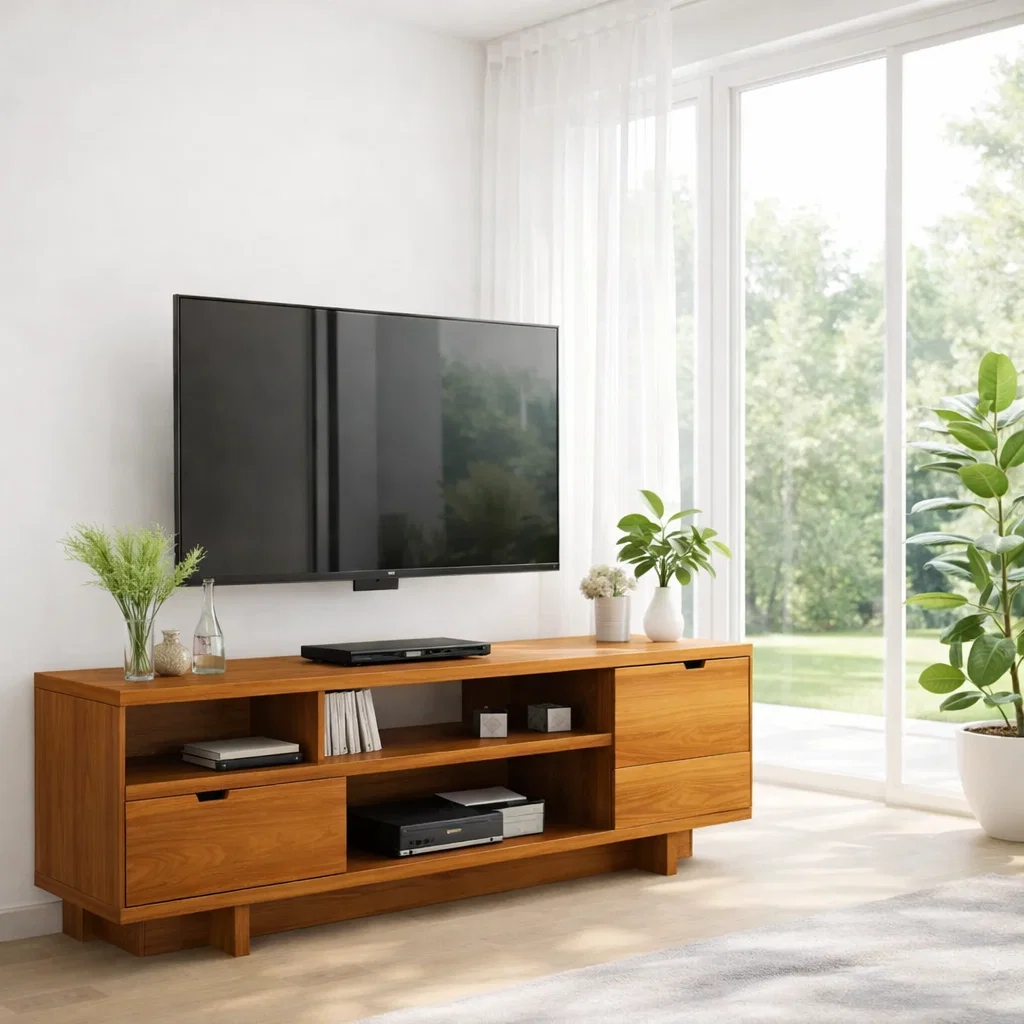 Solid Walnut TV Console with Storage & Open Shelves – Modern Media Unit