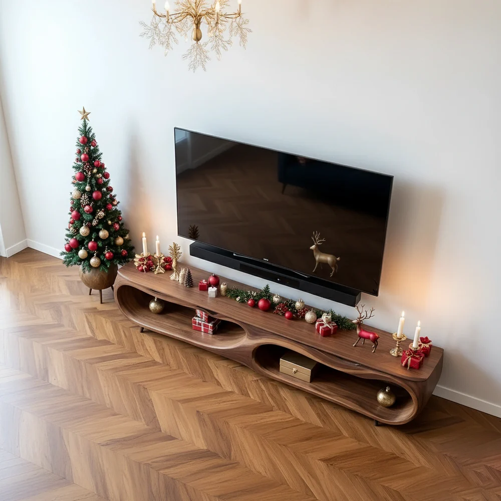 Solid Wood TV Stand Modern Walnut Media Console with Curved Open Storage
