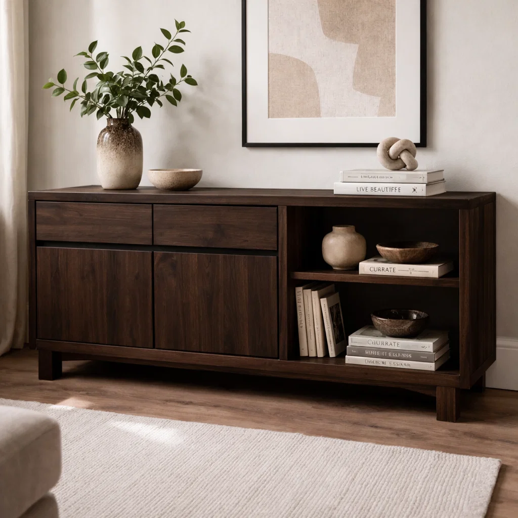 Solid Wood Console Cabinet with Drawers and Open Shelves