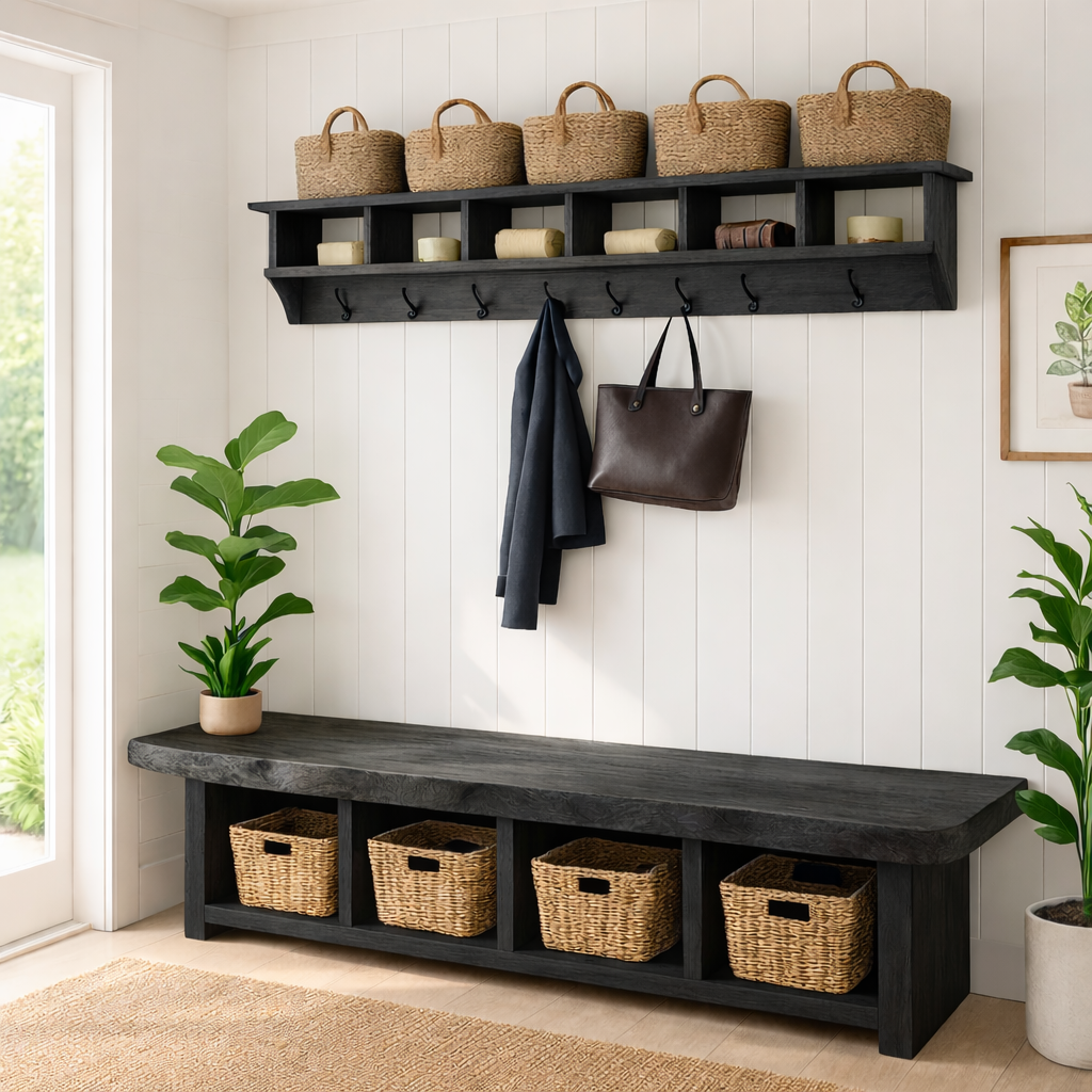 Solid Wood Entryway Bench with Storage Cubbies, Rustic Hallway Organizer Seat