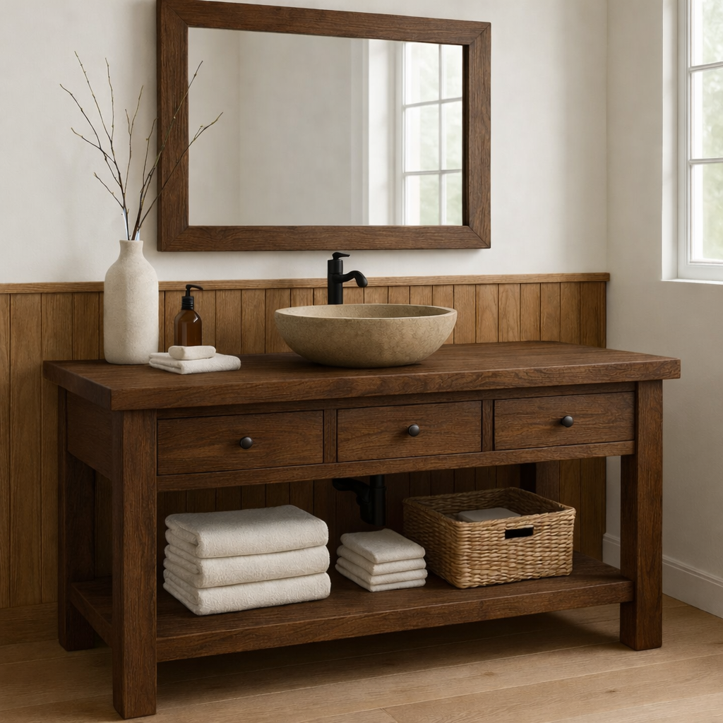 Rustic Solid Wood Bathroom Vanity with Vessel Sink β Modern Design with Storage