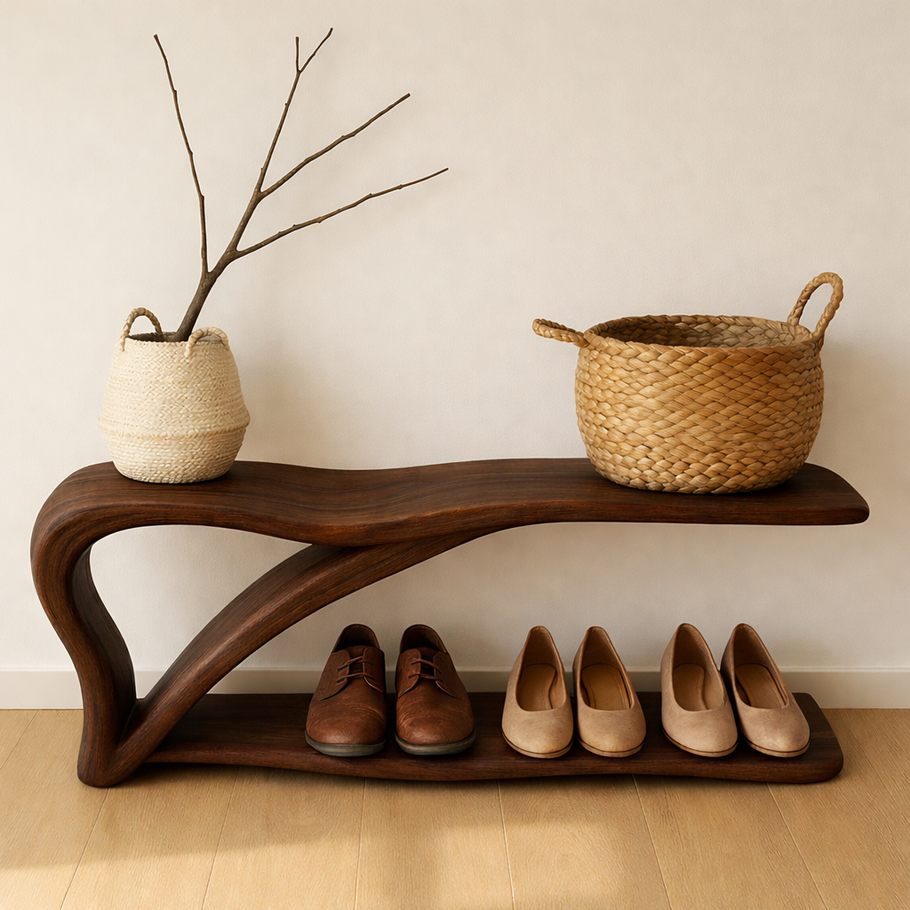 Sculptural Wooden Shoe Storage Bench – Solid Wood Entryway Bench with Shelf
