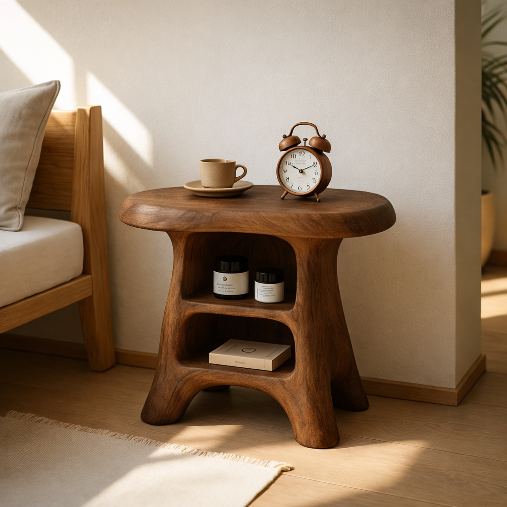 Modern Wood Nightstand with Curved Base and Shelves for Bedroom Storage