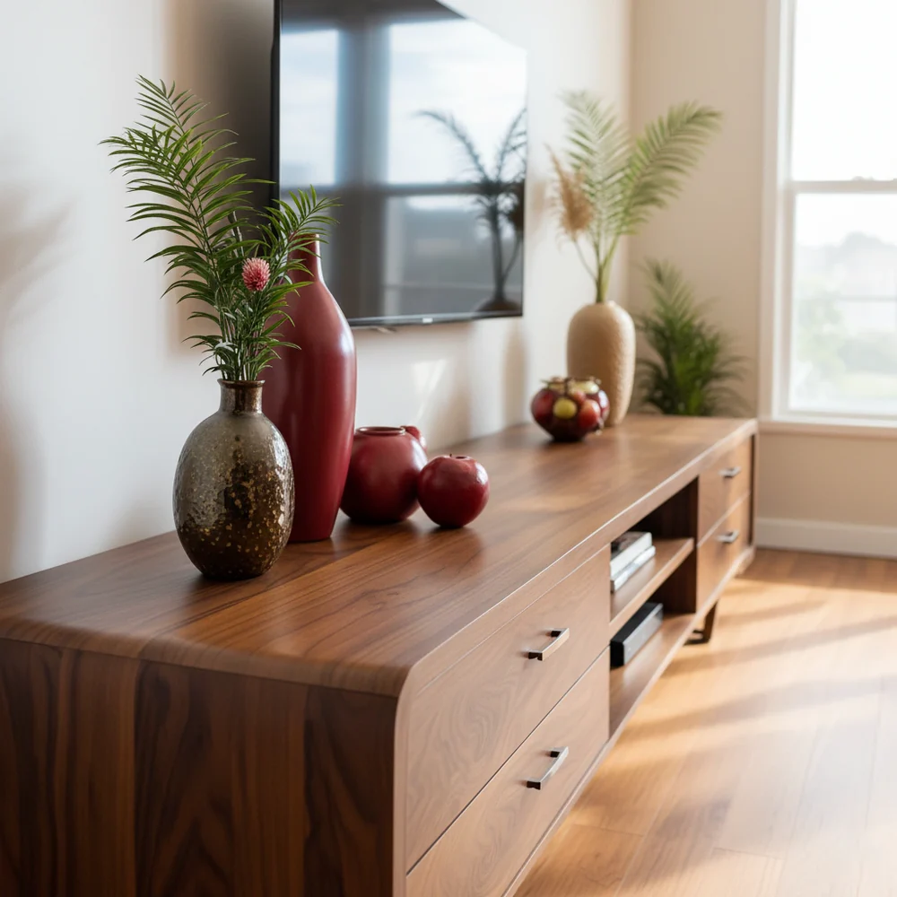 Solid Wood TV Stand Walnut Mid Century Modern Media Console with Storage