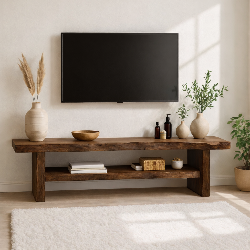 Rustic Solid Wood TV Stand Long Live Edge Media Console Natural Entertainment Unit