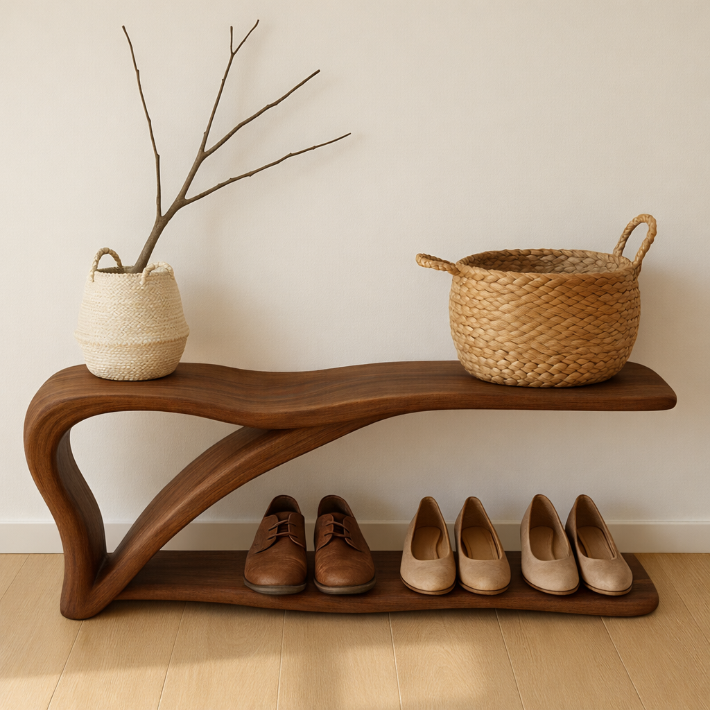 Sculptural Wooden Shoe Storage Bench – Solid Wood Entryway Bench with Shelf