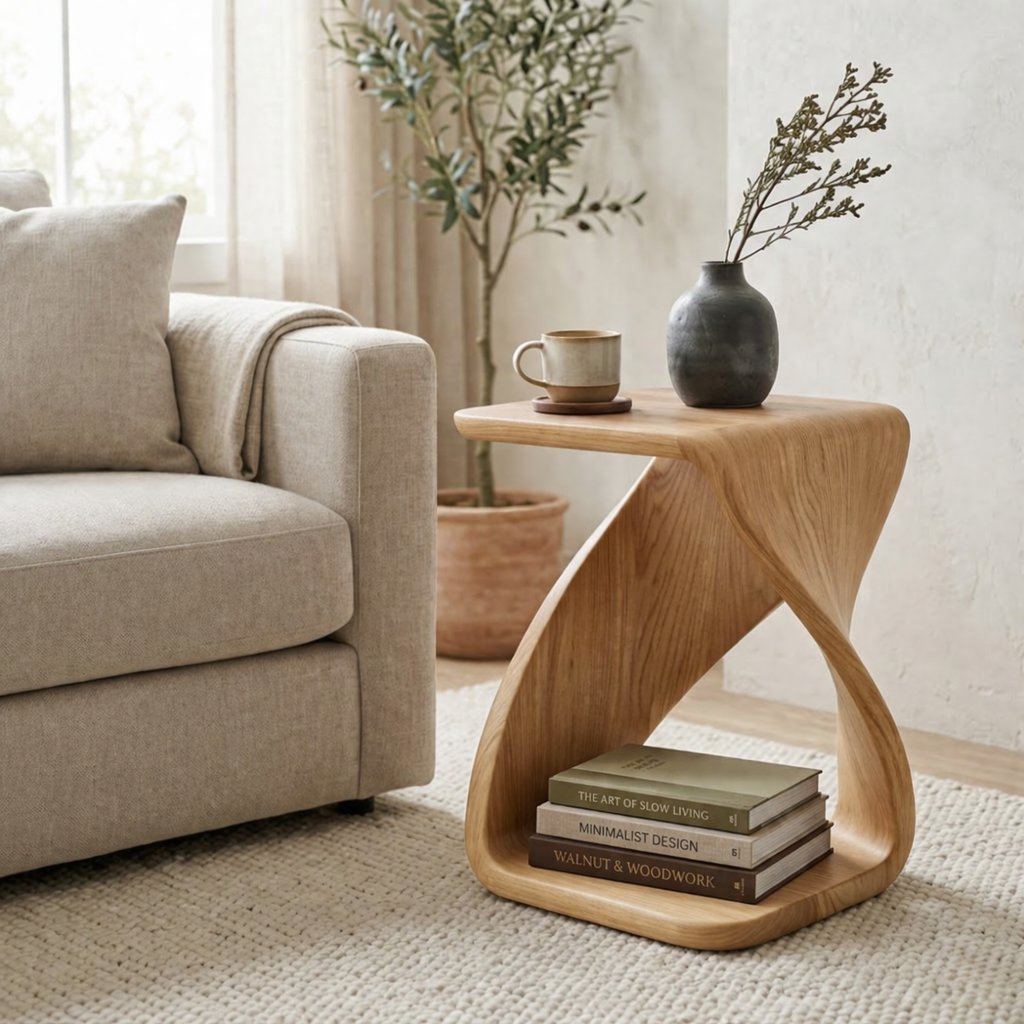 Solid Wood Sculptural End Table with Twisted Base and Storage Shelf