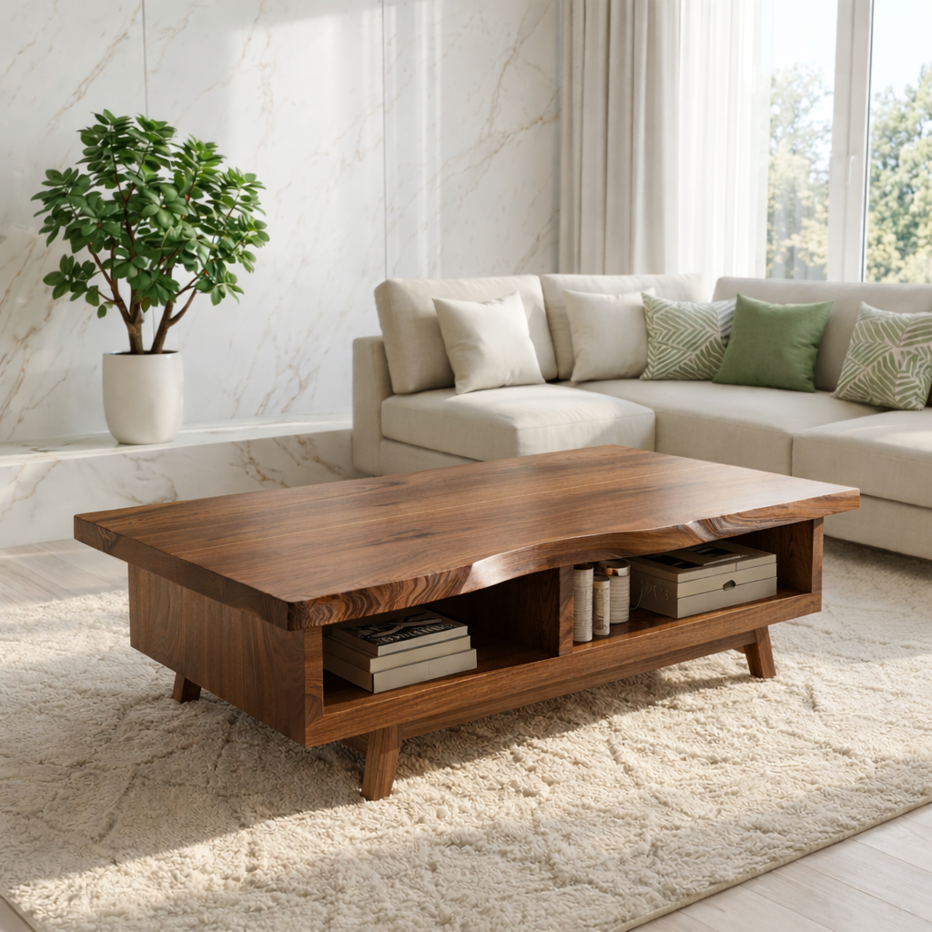 Handcrafted Walnut Coffee Table with Storage, Natural Wood Living Room Furniture