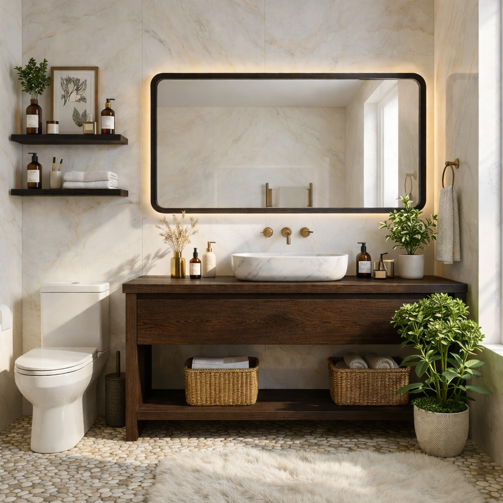 Elegant Oak Bathroom Vanity with Marble Sink & Open Shelves, Modern Design