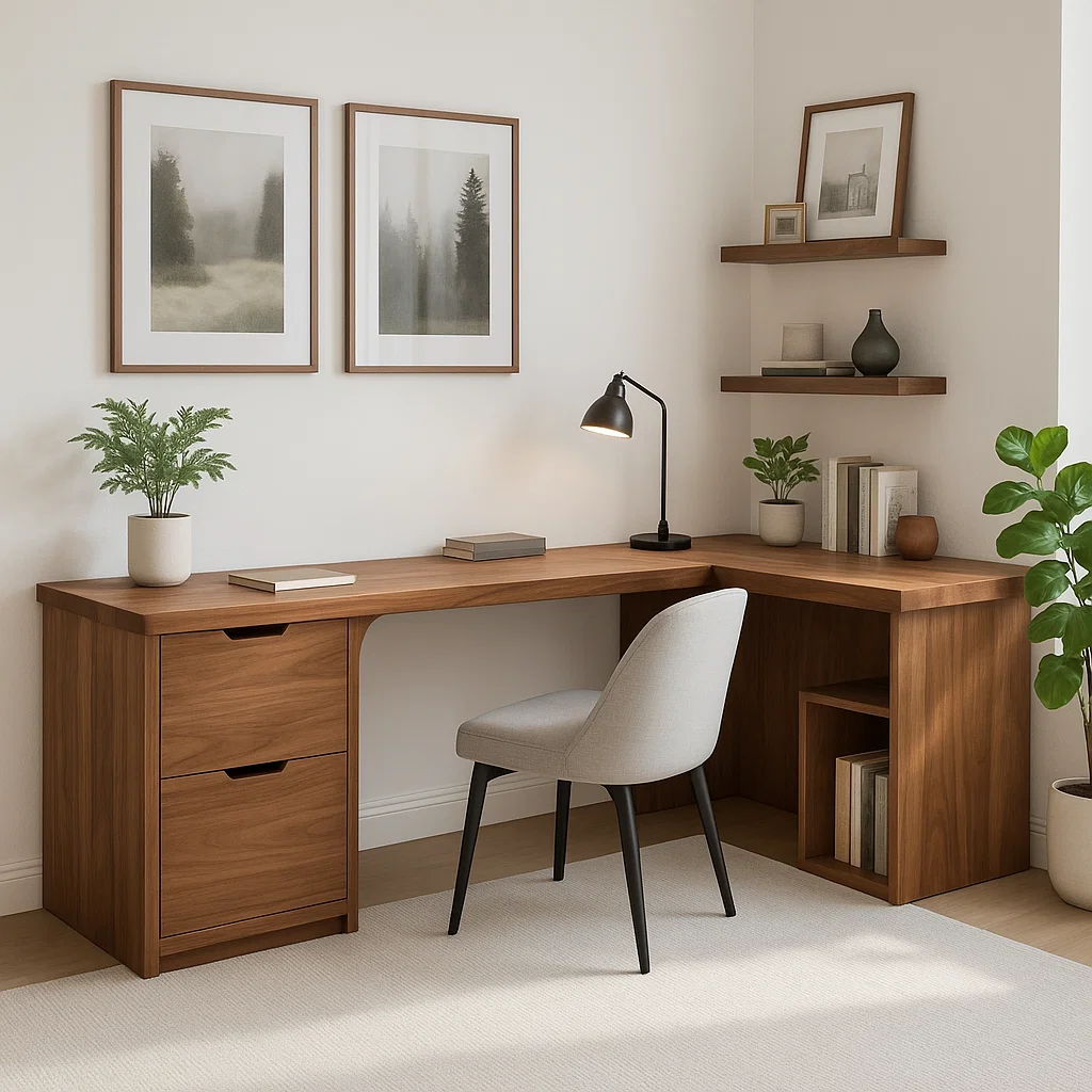 Modern L-Shaped Walnut Desk with Storage Drawer – Minimalist Corner Workspace