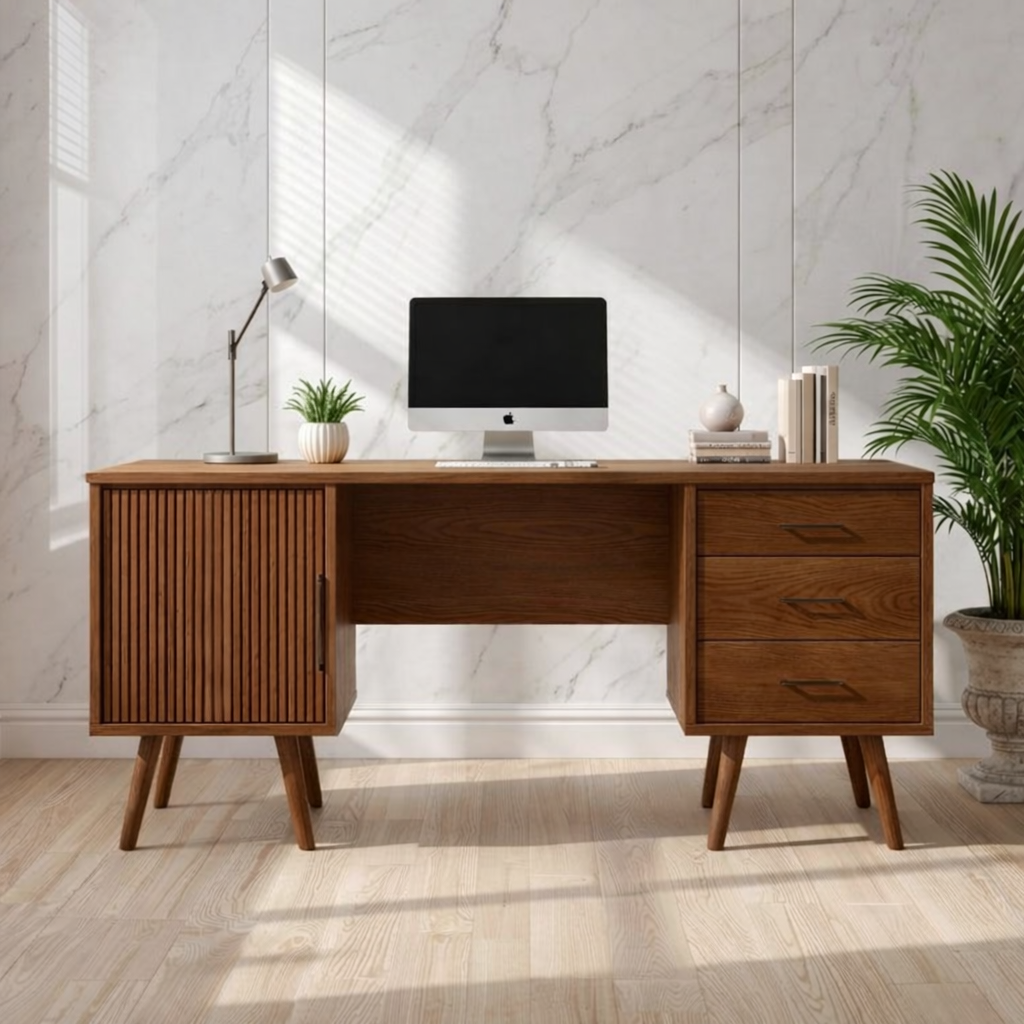 Mid Century Modern Writing Desk with Cabinet and Drawers Home Office Work Table
