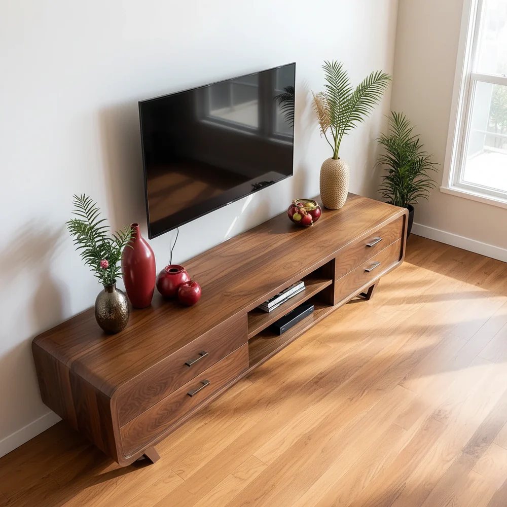 Solid Wood TV Stand Walnut Mid Century Modern Media Console with Storage