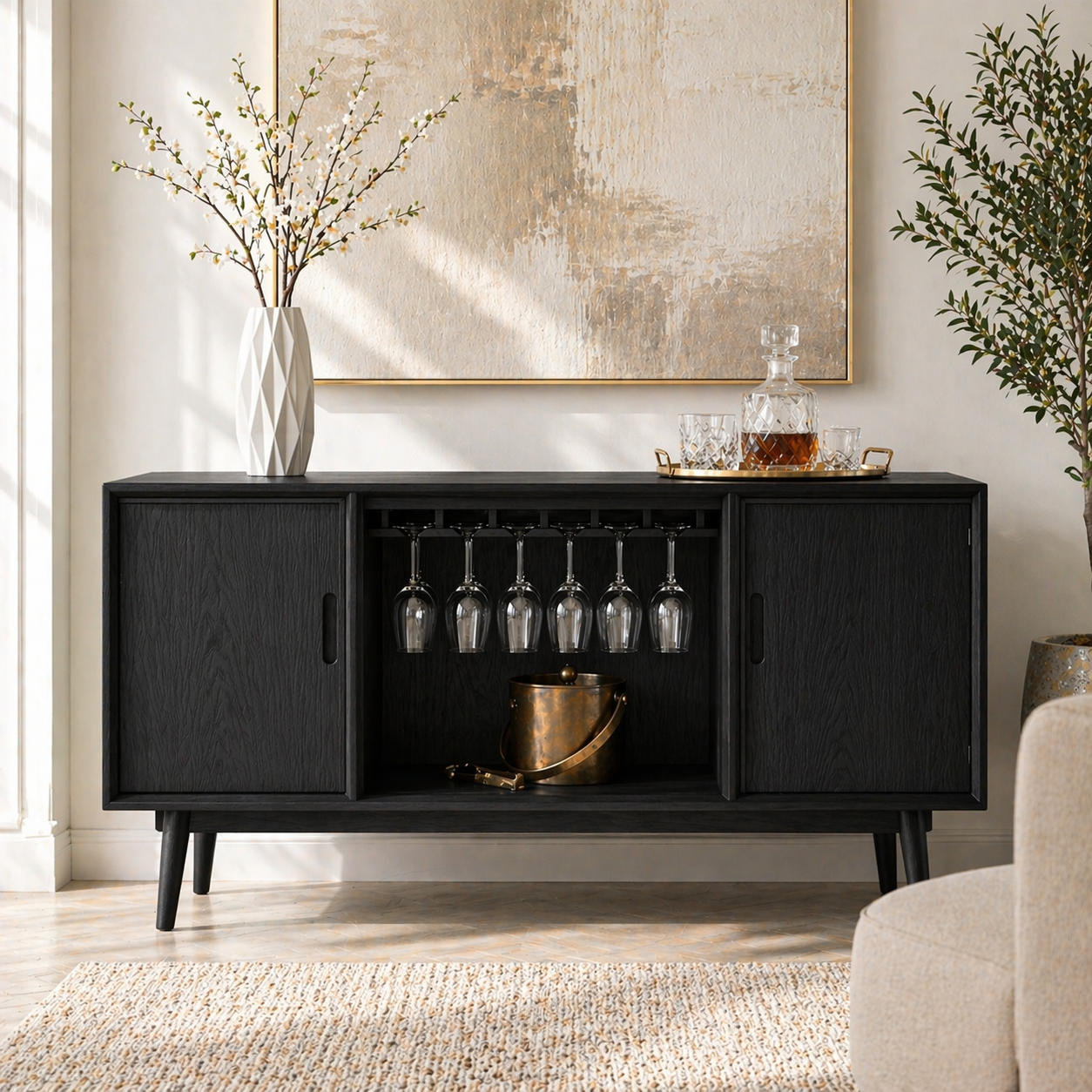 Mid Century Modern Bar Cabinet Liquor Storage Console With Glass Rack Doors