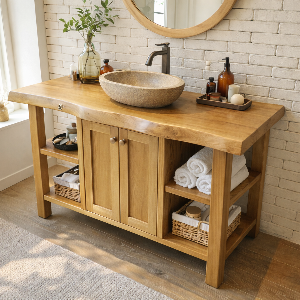 Rustic Solid Wood Bathroom Vanity Cabinet With Doors And Open Shelves
