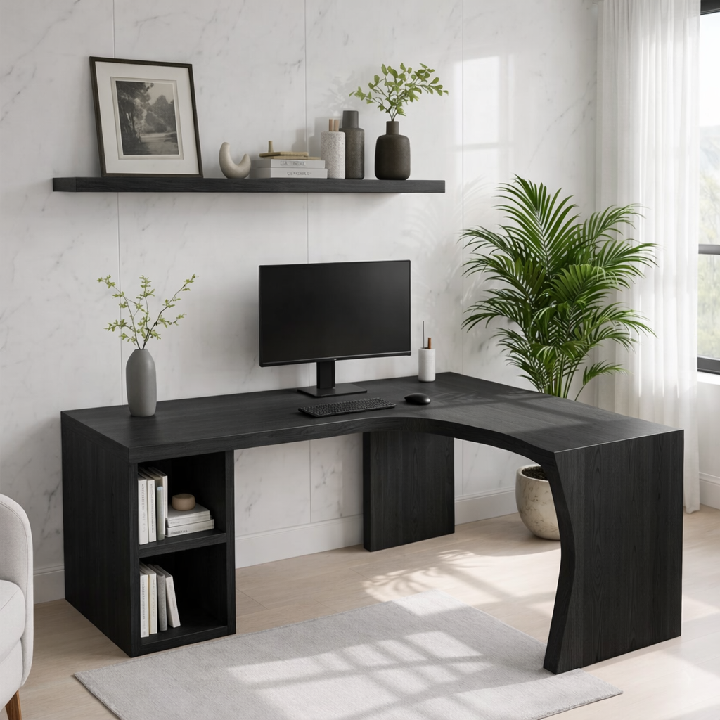 Modern L-Shaped Solid Wood Desk with Live Edge Corner Design – Walnut Home Office Workstation