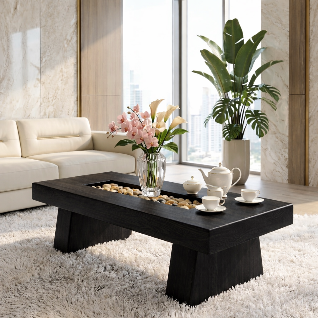 Rustic Wooden Coffee Table with Stone Inlay, Handmade Living Room Furniture