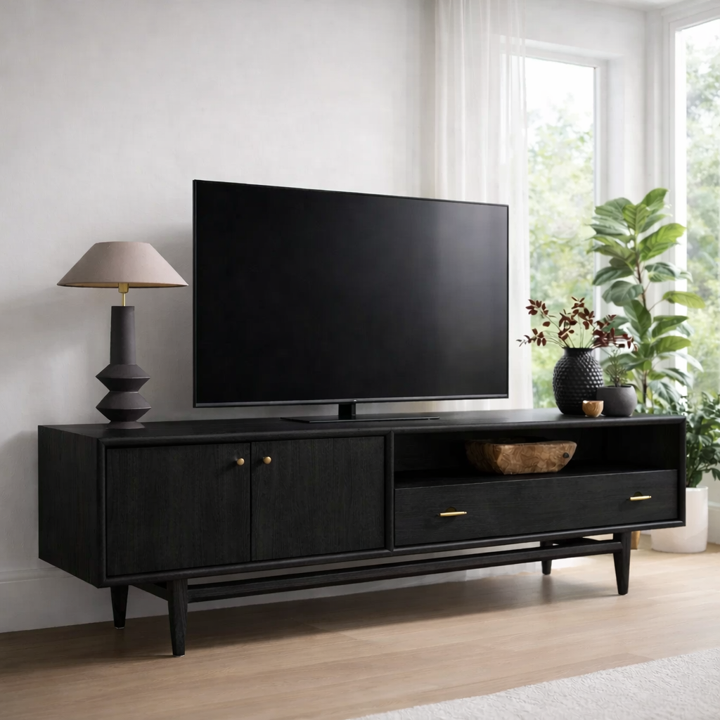 Mid Century Solid Wood TV Console with Cabinet & Drawer Storage
