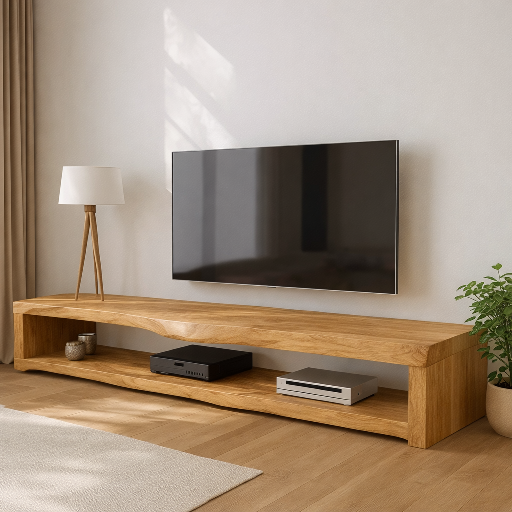Solid Wood Live Edge TV Stand Long Oak Media Console Rustic Low Profile Entertainment Unit