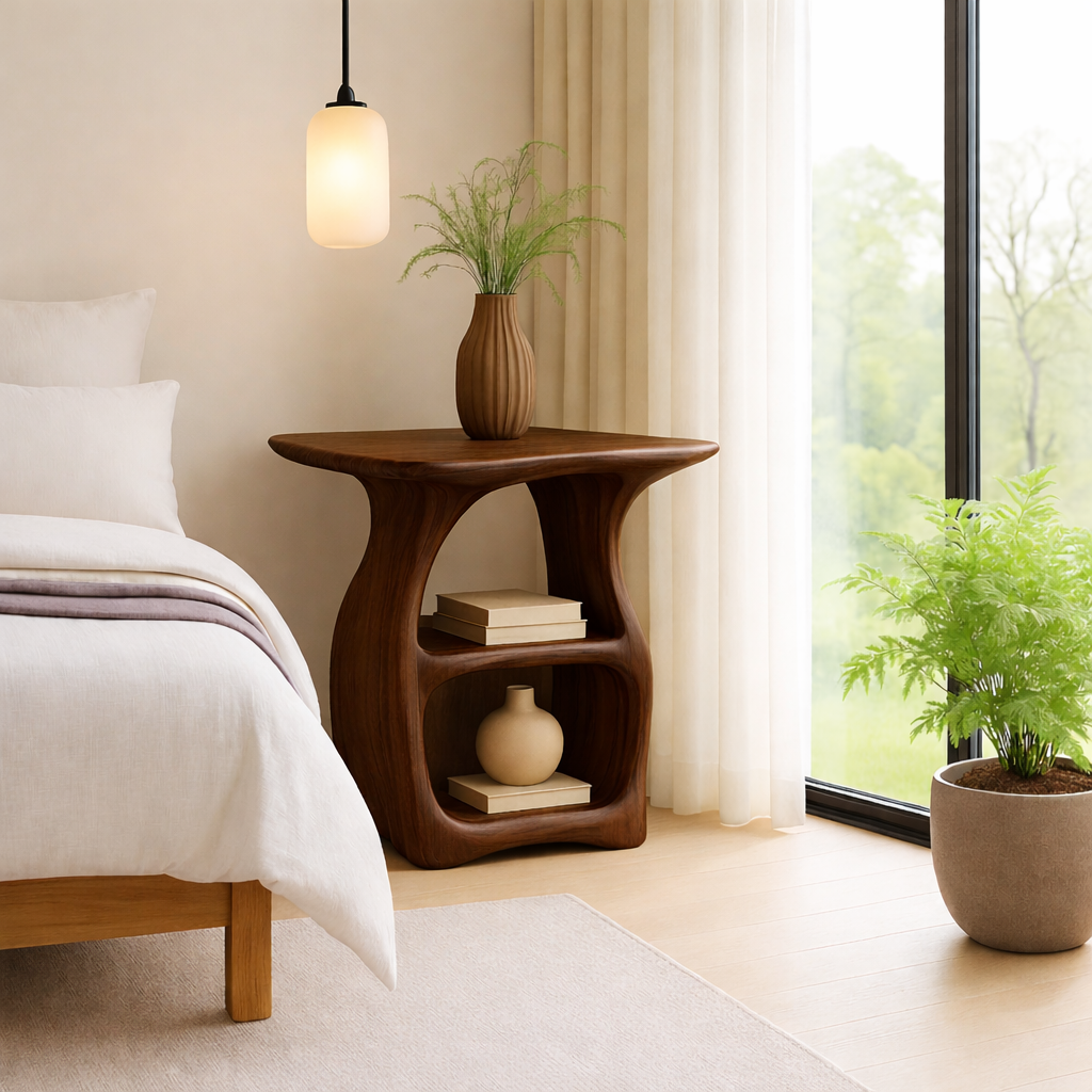 Contemporary Oak Nightstand with Unique Curved Shelves - Minimalist Design