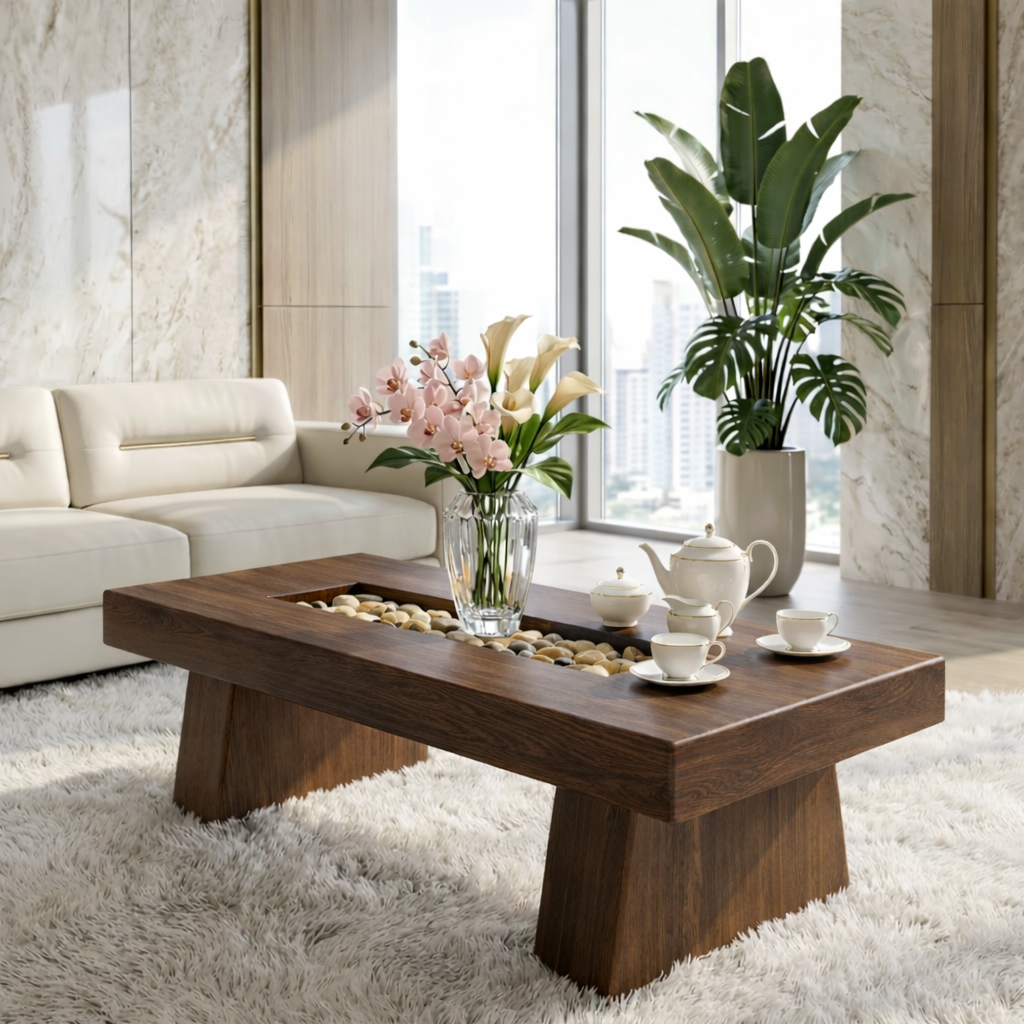 Rustic Wooden Coffee Table with Stone Inlay, Handmade Living Room Furniture
