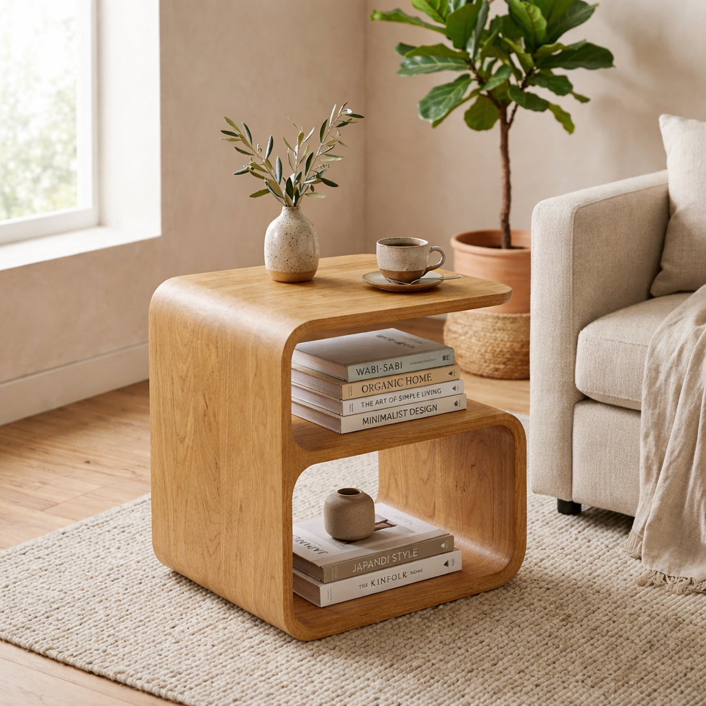 Solid Wood End Table with Open Shelf – Modern Curved Side Table