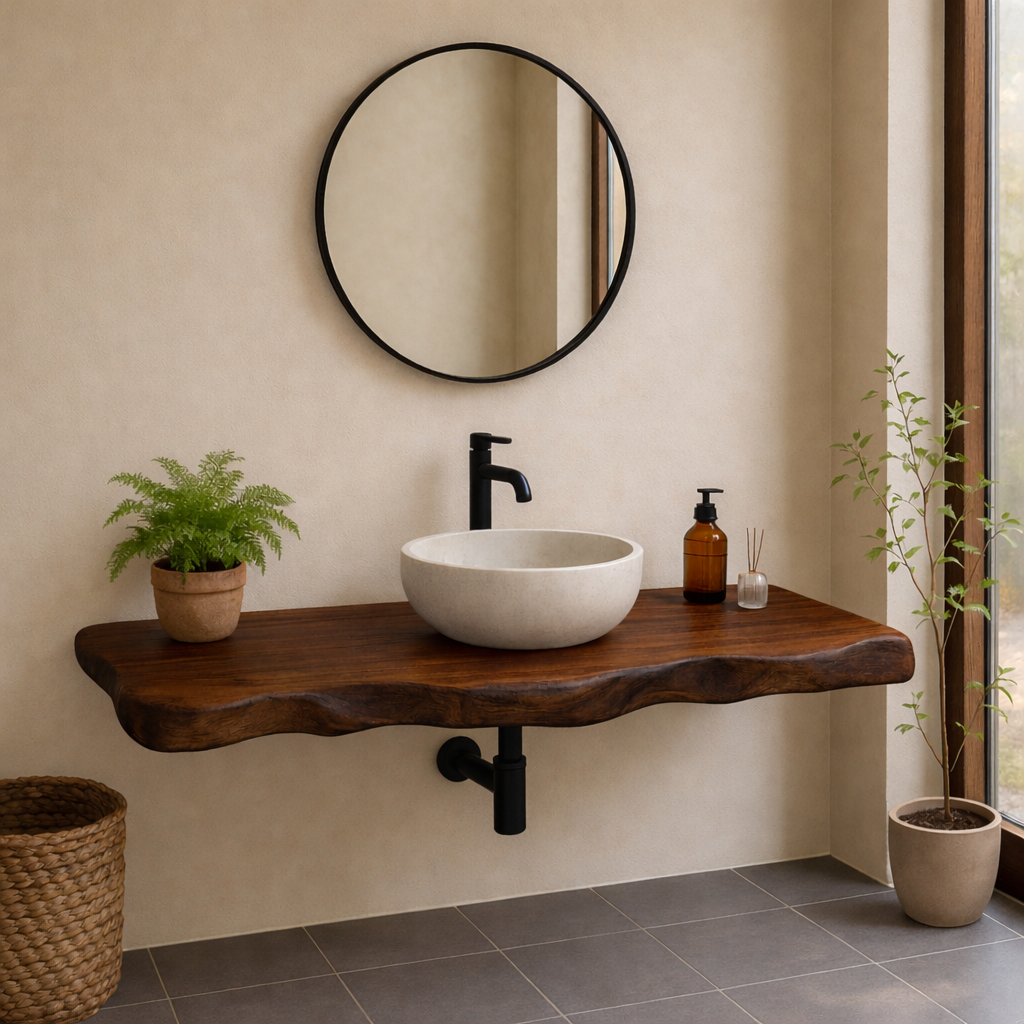 Live Edge Solid Wood Floating Bathroom Vanity β Wall Mounted Rustic Vanity Top