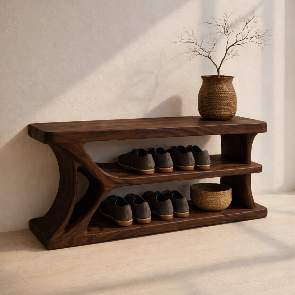 Modern Solid Wood Shoe Storage Bench – Entryway Wooden Bench with Open Shelves