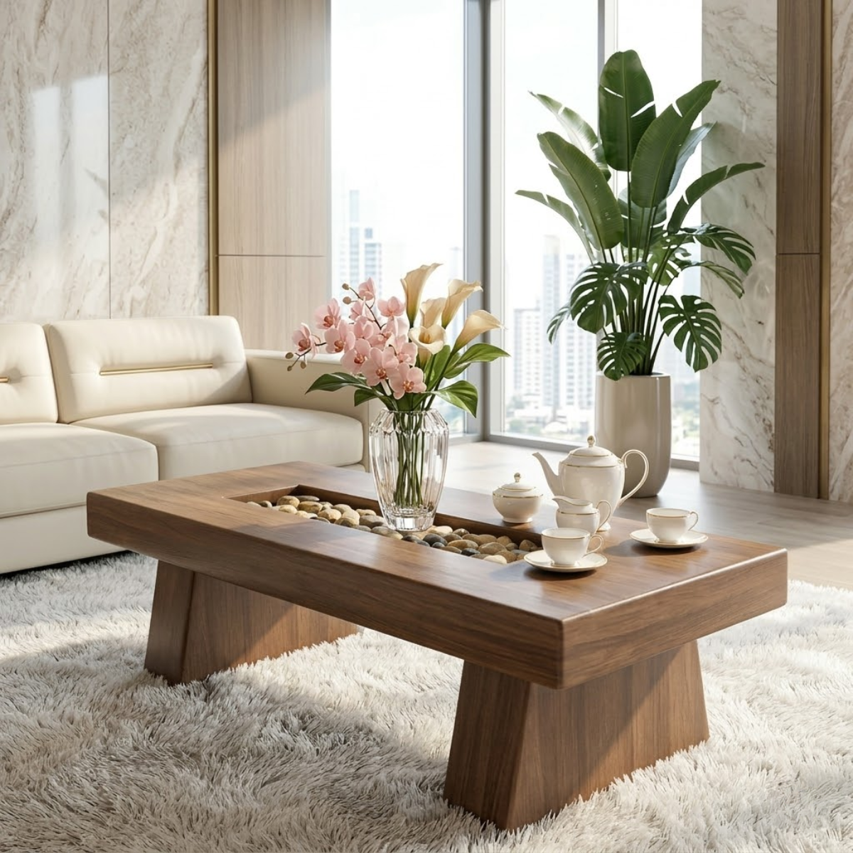 Rustic Wooden Coffee Table with Stone Inlay, Handmade Living Room Furniture