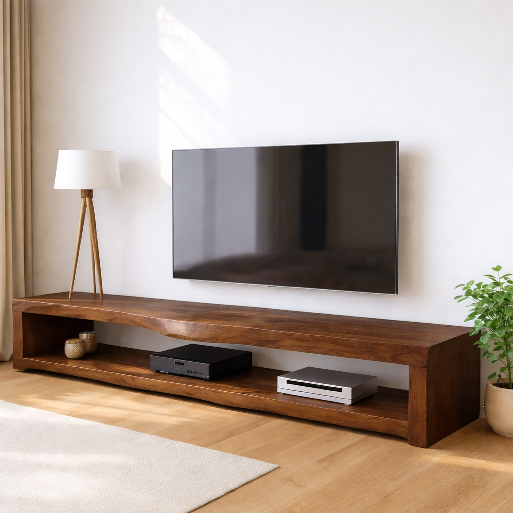 Solid Wood Live Edge TV Stand Long Oak Media Console Rustic Low Profile Entertainment Unit