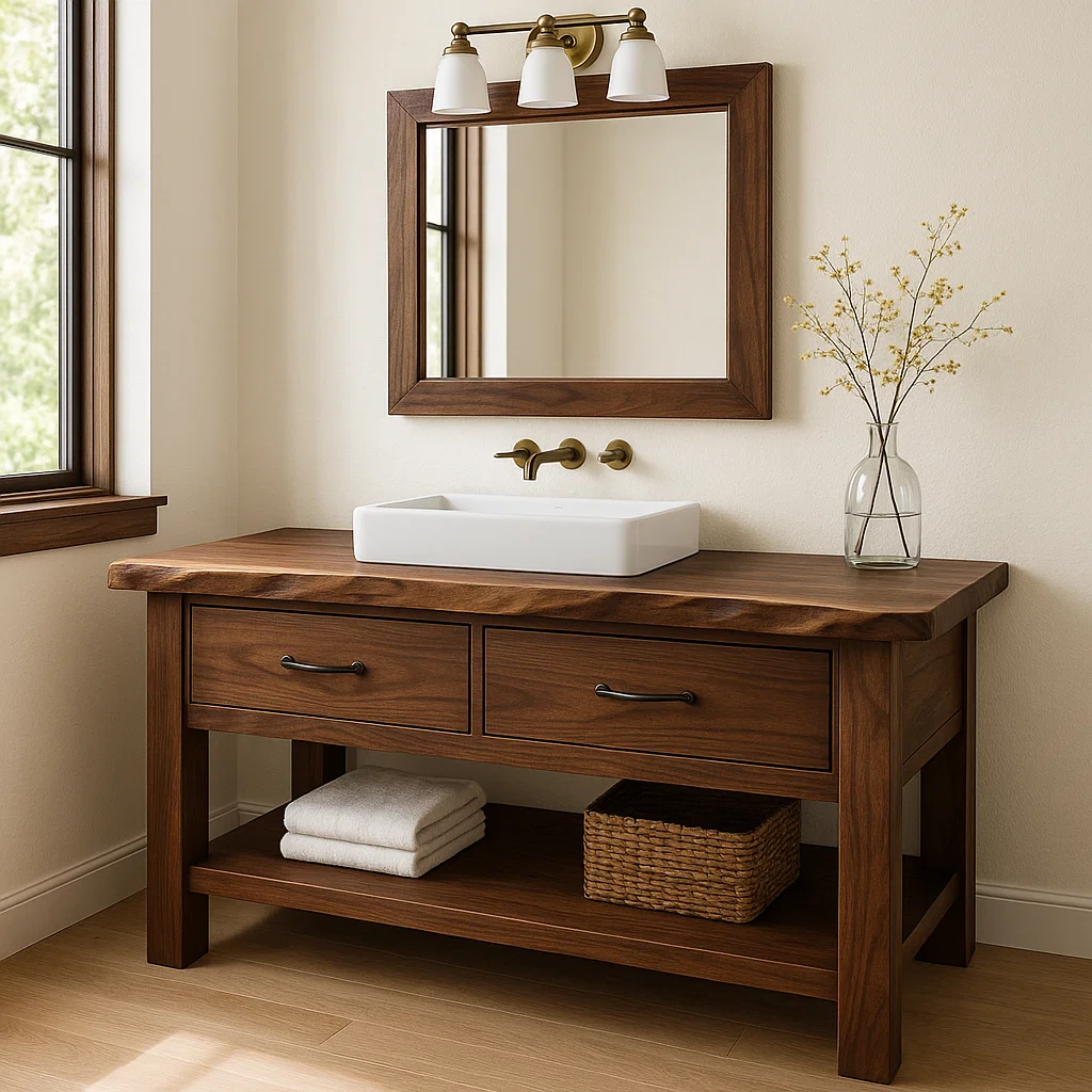 Solid Wood Bathroom Vanity Walnut Farmhouse Single Sink with Drawers and Shelf