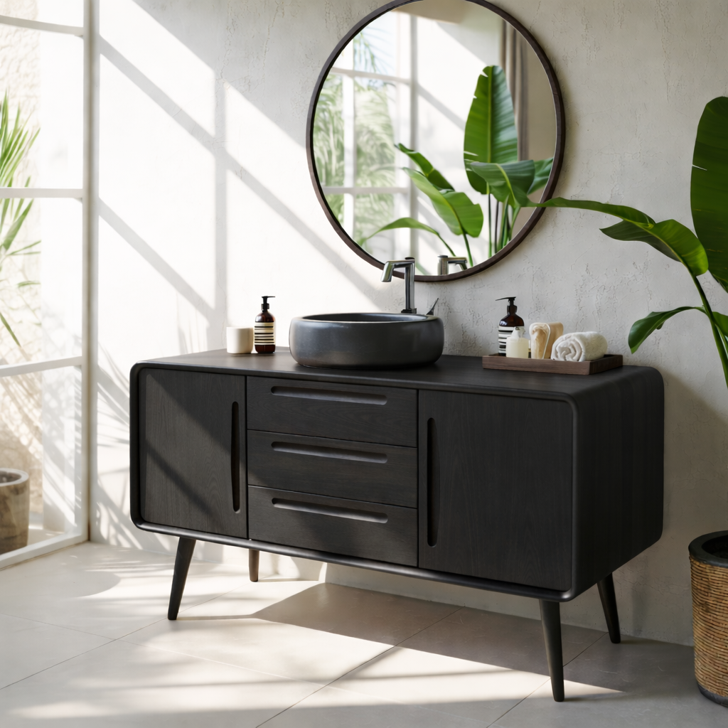 Mid Century Modern Solid Wood Bathroom Vanity Cabinet With Drawers And Doors