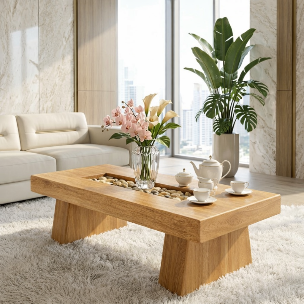 Rustic Wooden Coffee Table with Stone Inlay, Handmade Living Room Furniture