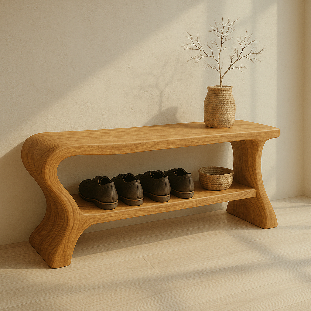 Minimalist Wooden Shoe Storage Bench – Solid Wood Entryway Bench with Shelf