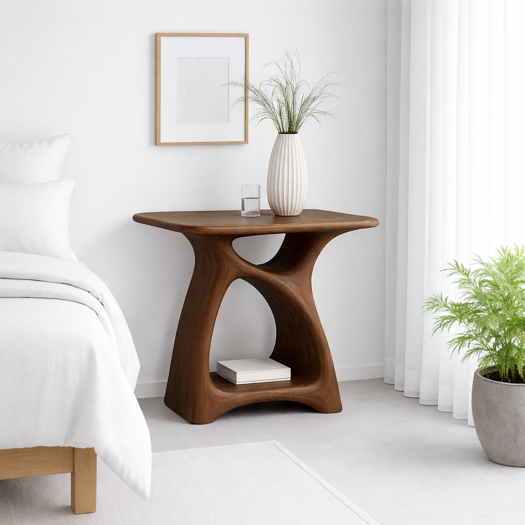 Modern Nightstand with Curved Design and Open Shelves - Dark Wood Finish