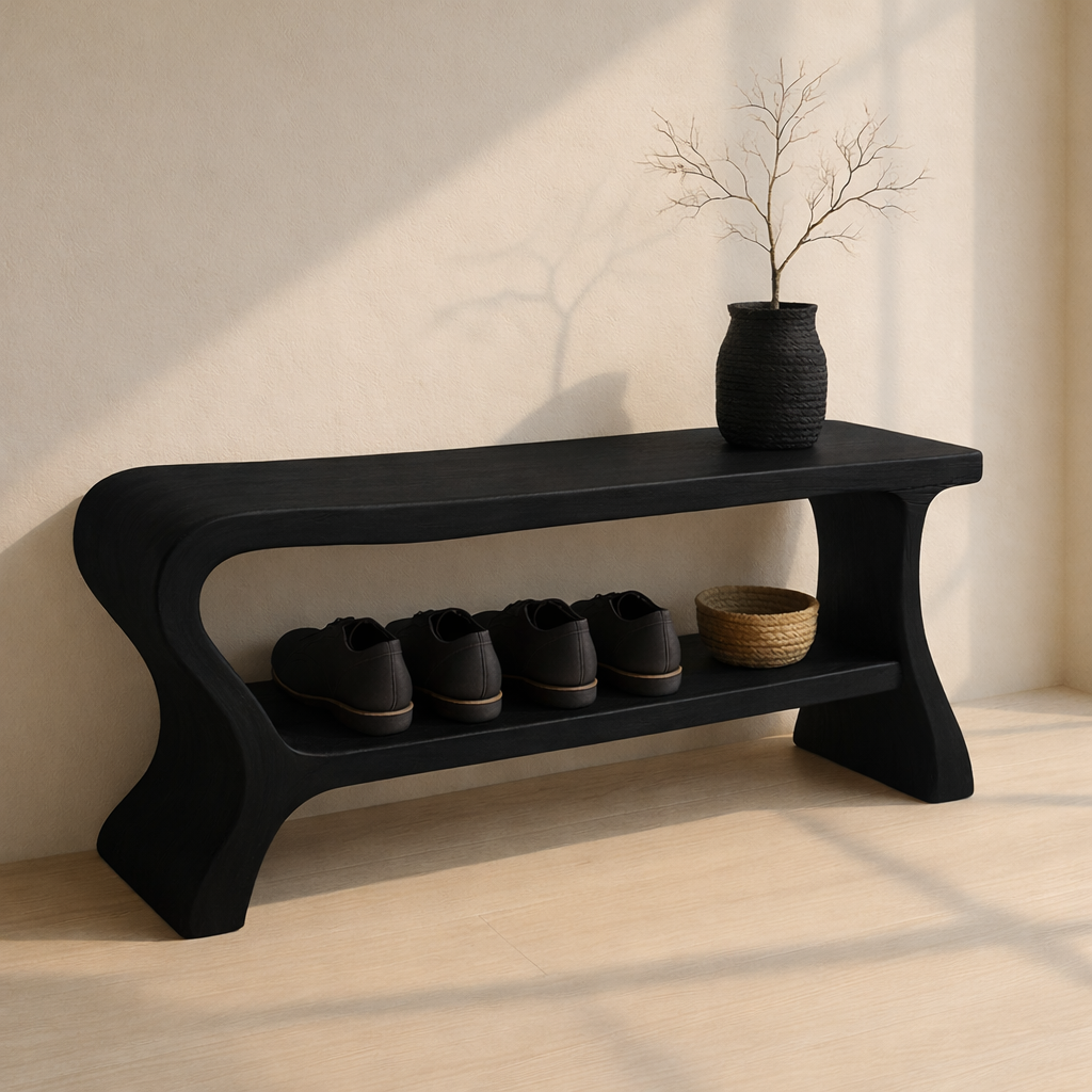 Minimalist Wooden Shoe Storage Bench – Solid Wood Entryway Bench with Shelf