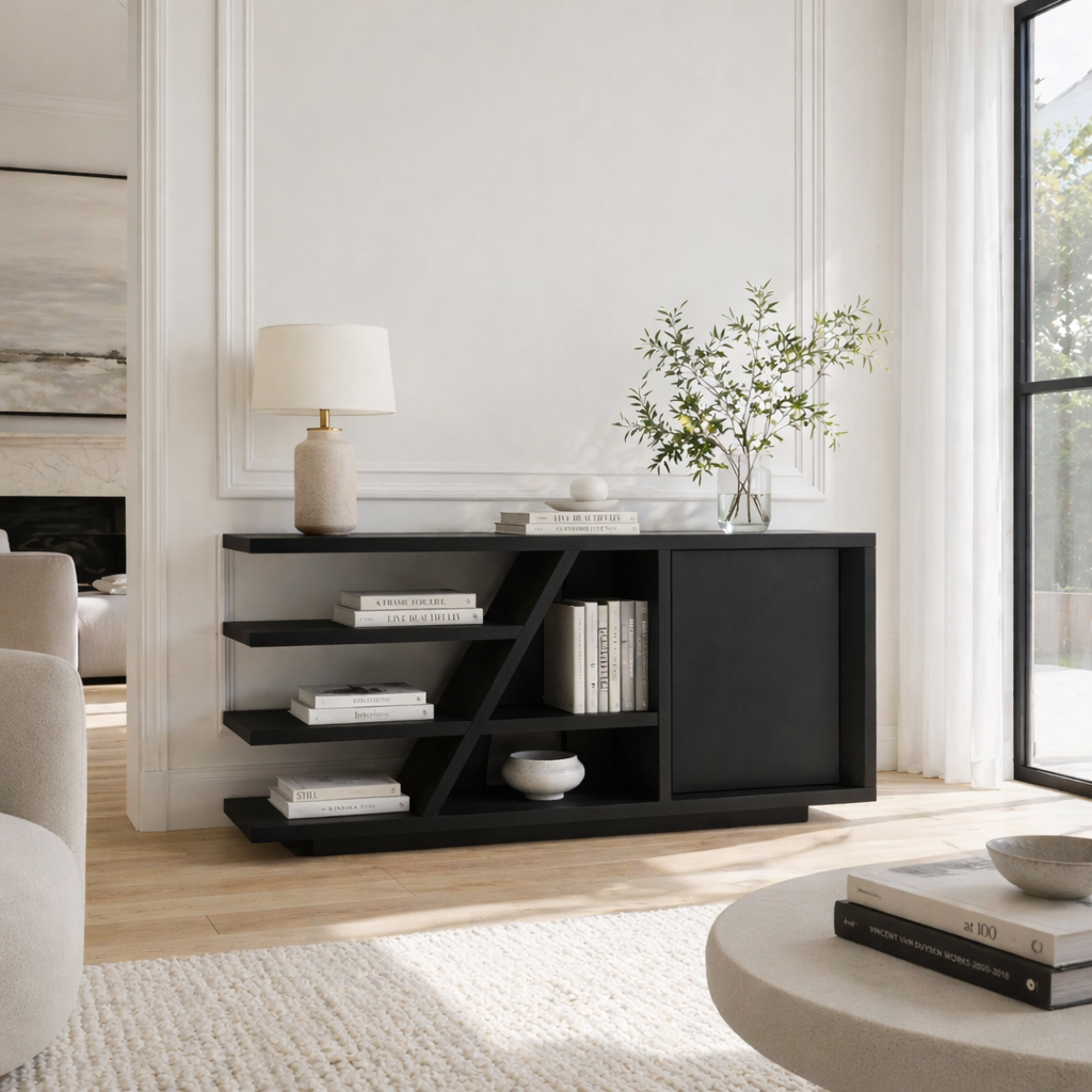 Solid Wood Console Sideboard with Open Shelves – Modern Walnut Storage Cabinet