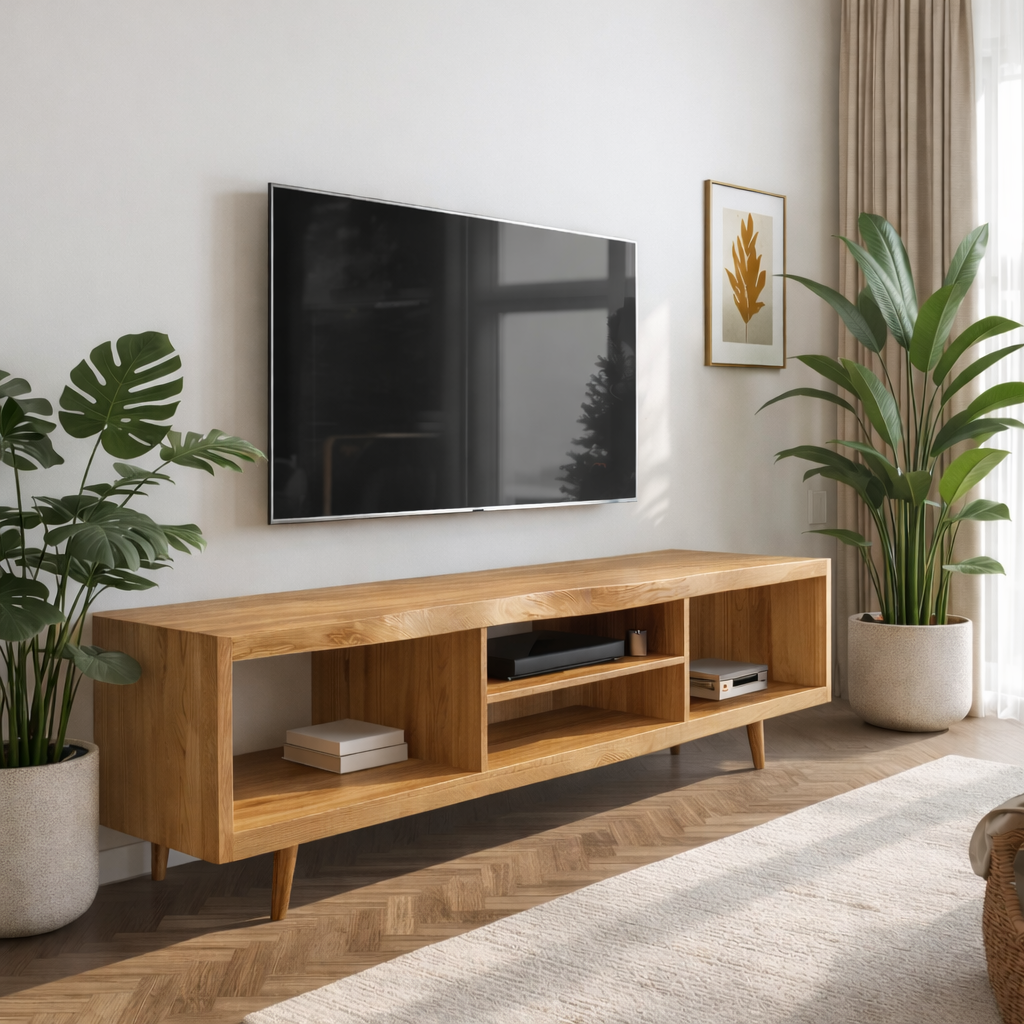 Walnut Mid Century Modern TV Stand Long Wood Media Console Minimalist Entertainment Center