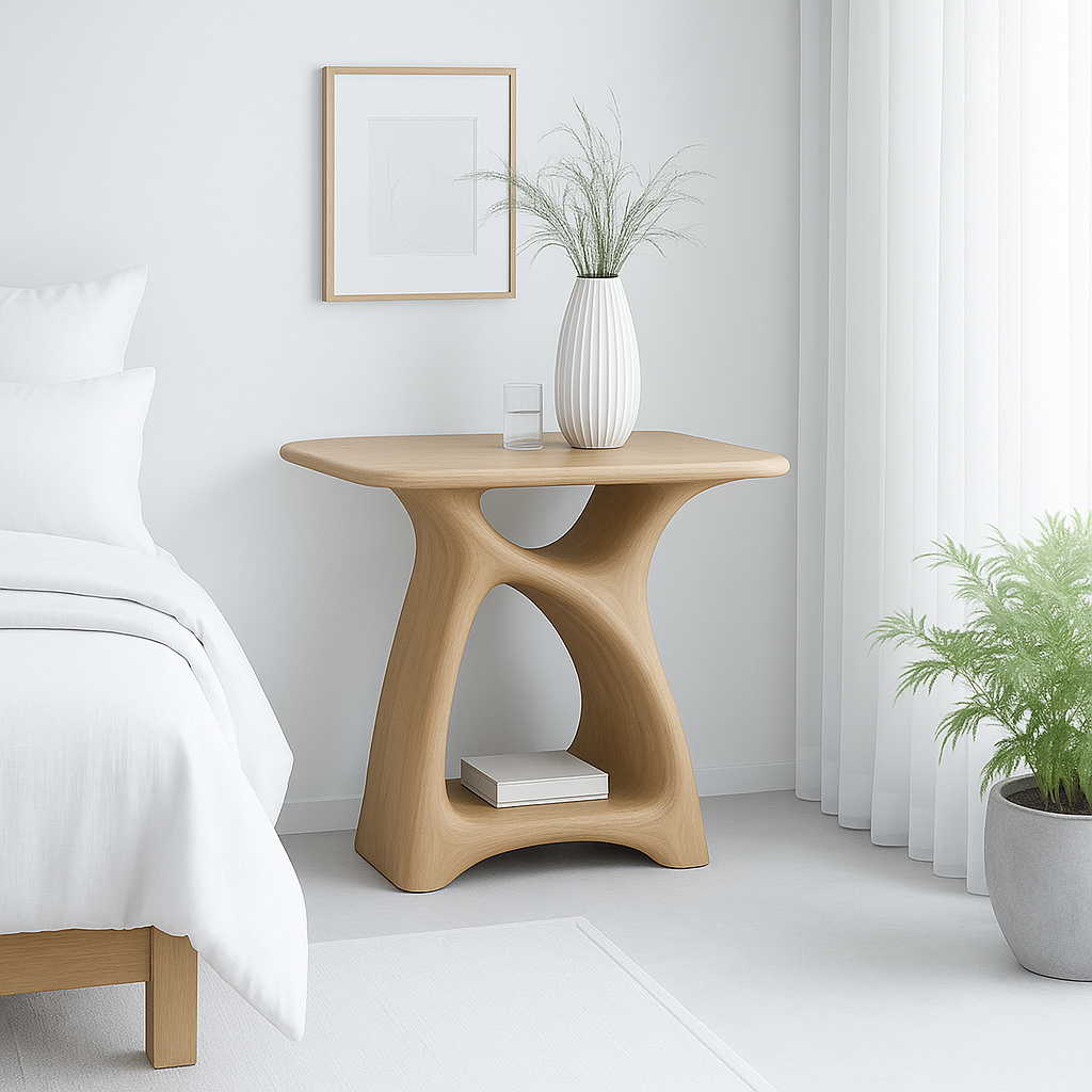 Modern Nightstand with Curved Design and Open Shelves - Dark Wood Finish
