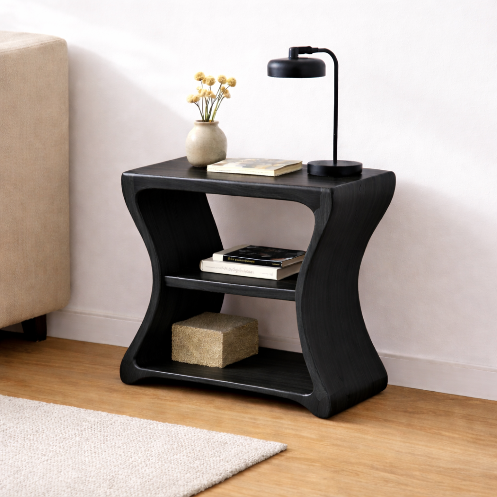 Solid Wood Curved End Table with Shelf – Natural Wooden Side Table for Living Room