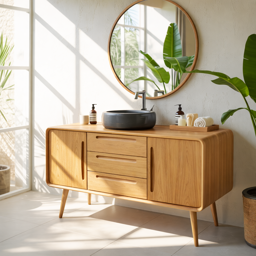 Mid Century Modern Solid Wood Bathroom Vanity Cabinet With Drawers And Doors