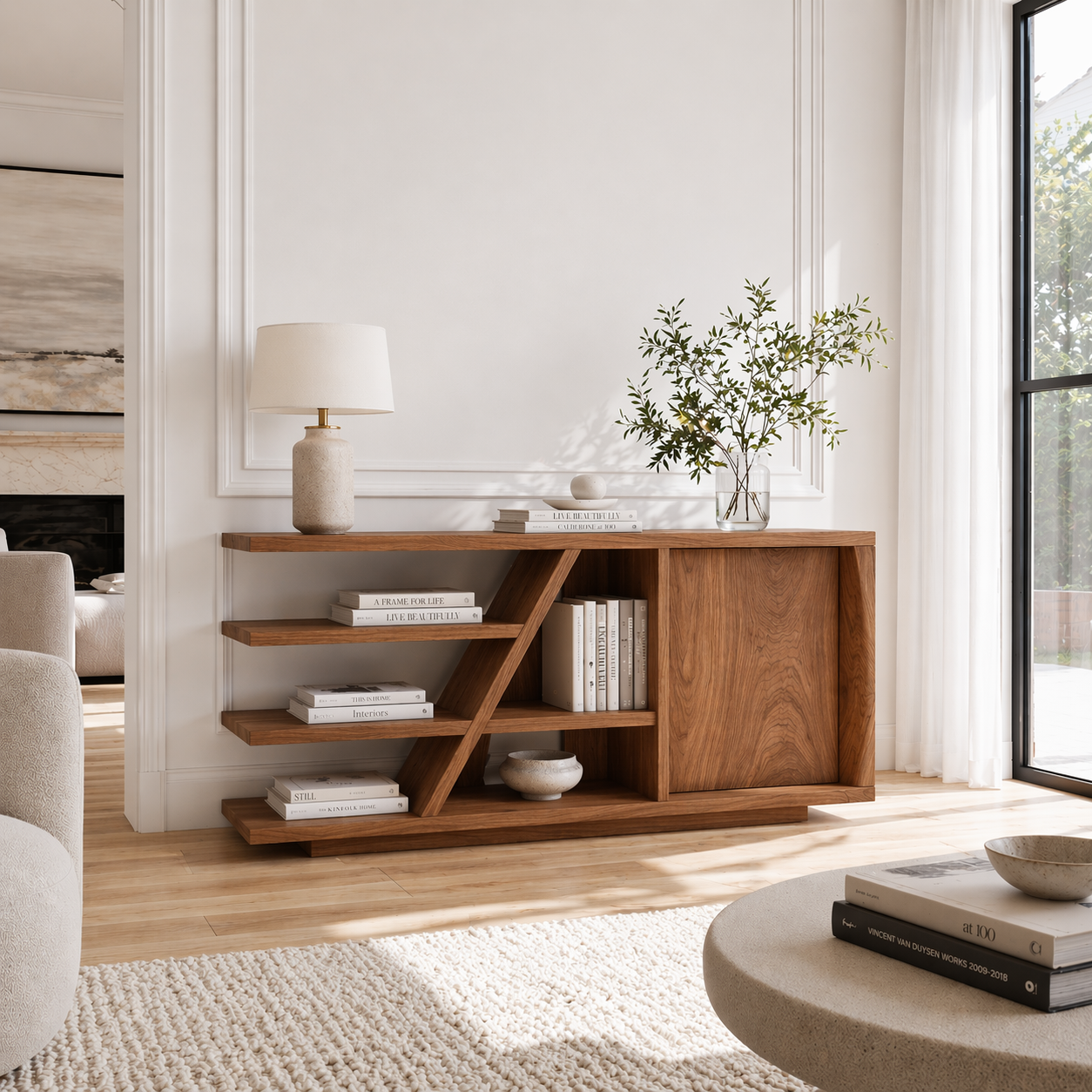 Solid Wood Console Sideboard with Open Shelves – Modern Walnut Storage Cabinet